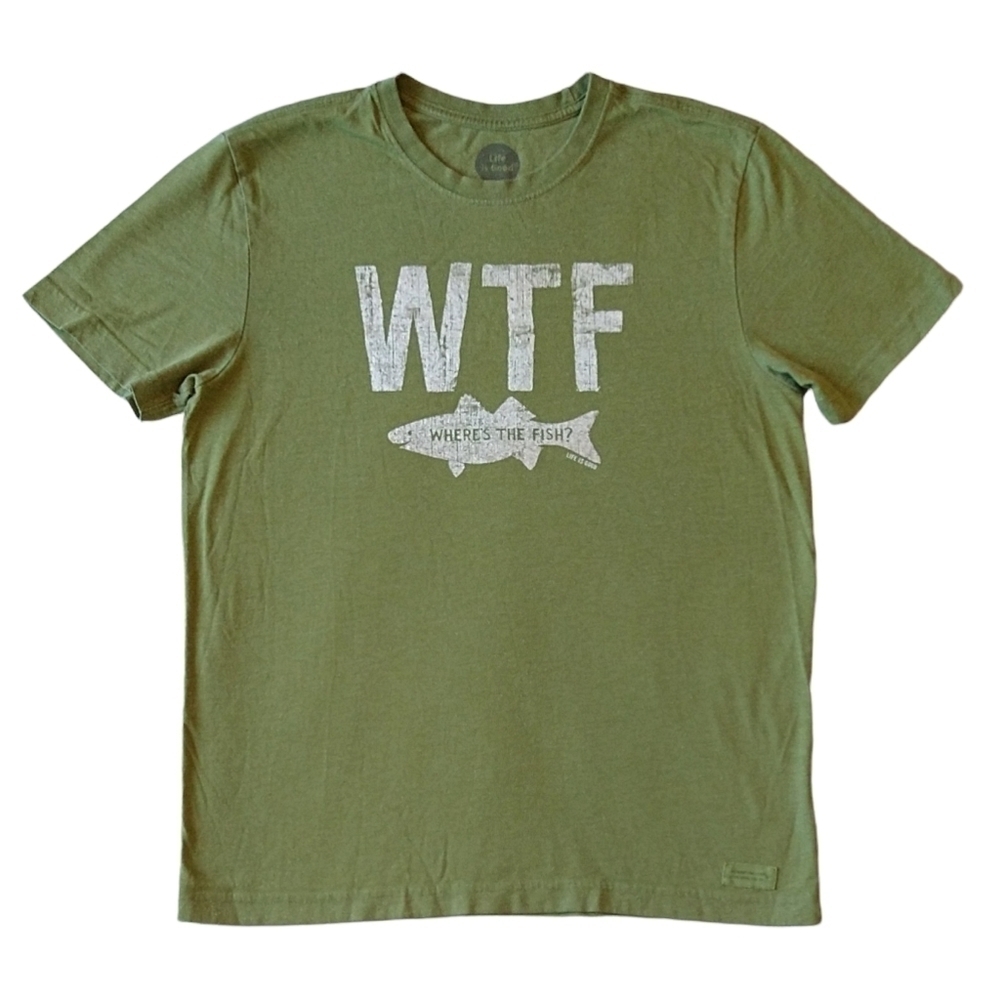 Life is Good "Where's The Fish" WTF Classic Fit Olive Green Crusher Tee Outdoors